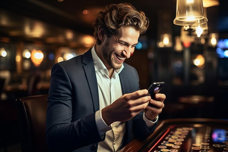 Pengguna membaca panduan mobile dengan aman